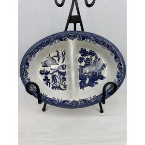 Vintage Churchill‎ Blue Willow Divided Oval Vegetable Bowl Staffordshire England